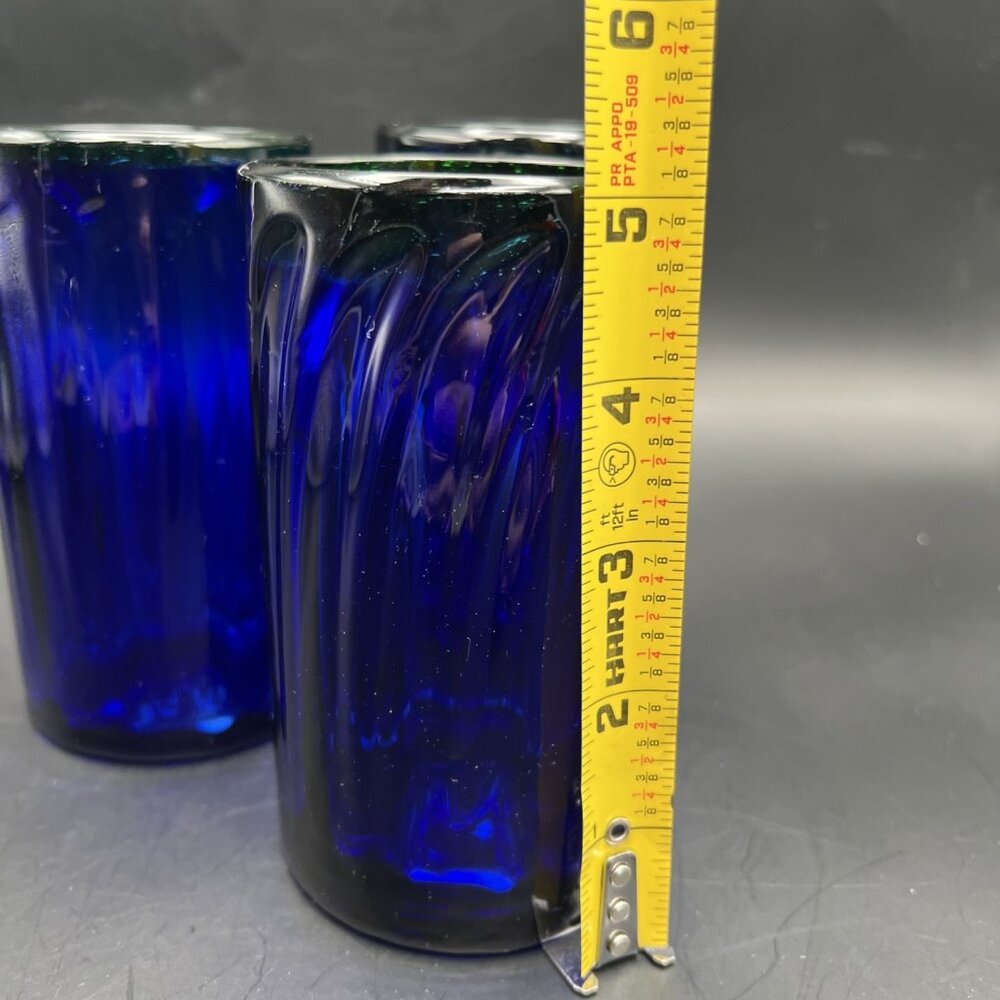 Set Of 3 Hand Blown Mexican Glasses Cobalt Blue Swirl Green Rim ~5" - Picture 2 of 14